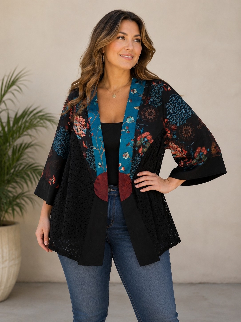 Spencer Alexis 1X Black Floral Kimono Cardigan Lace Open Front Boho NWT